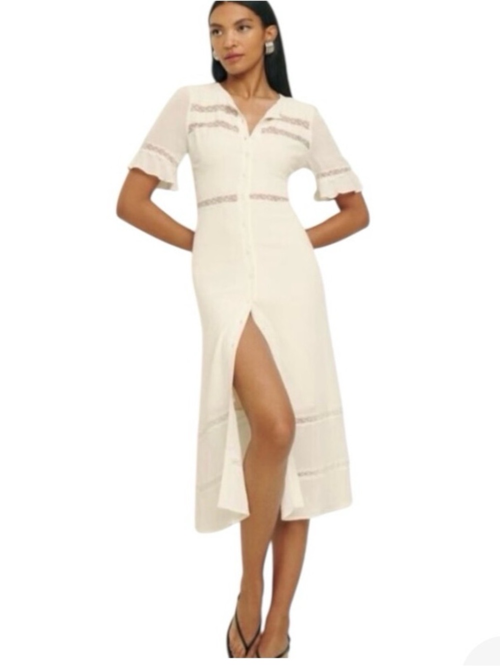 White Button-Front Midi Dress with Lace Trim